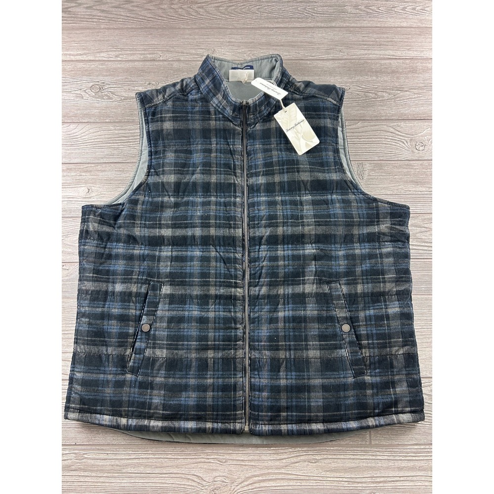 Tommy Bahama Reversible Quilted Vest XXL Blue Grey Plaid Corduroy Full Zip NWT